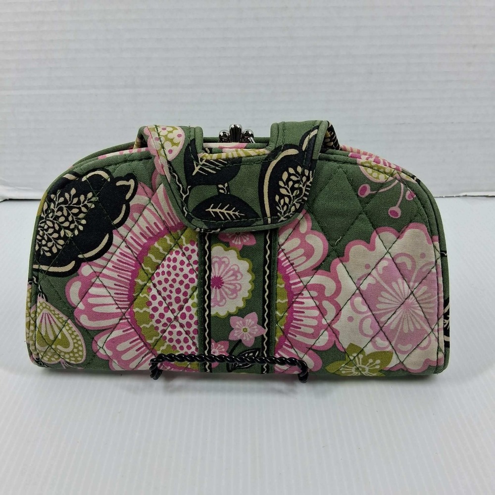 Vera Bradley Quilted Floral Kisslock Wallet Green Pink Trifold Organizer